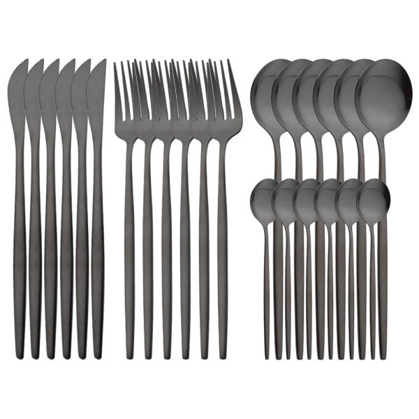 Conjuntos Matte 24 Pcs Preto Louça Talheres Conjunto de Talheres de Aço Inoxidável Conjunto de Talheres de Cozinha Casa Bife Faca Garfo Colher Talheres