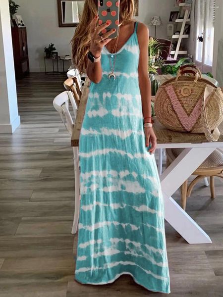 Vestidos Casuais BKLD 7 Cores Verão Seaside Holiday Dress Mulheres Moda Tie Dye Imprimir Solto Sem Mangas Maxi Long Beach Estilo