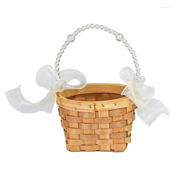 Flores decorativas pequena cesta de tecido artesanal redonda cestas de flores de casamento portátil com alça e arcos trançados para casa
