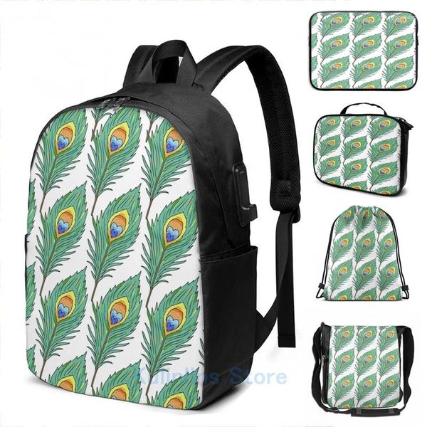 Rucksack mit lustigem Grafikdruck, Pfauenfeder, USB-Aufladung, für Herren, Schultaschen, Damen, Tasche, Reise, Laptop