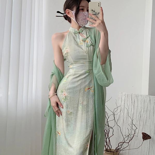 Donne estive senza maniche sexy Split Qipao elegante stampa fiore abito cinese retrò tradizionale abbigliamento orientale Cheongsam 240220