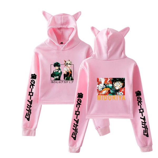 Sorto 2023 Mulheres moletom meninas animam meu herói academia Sorto Bakugou Deku Boku No Hero Academia Capuzes Cat Crop Crop Sudaderas