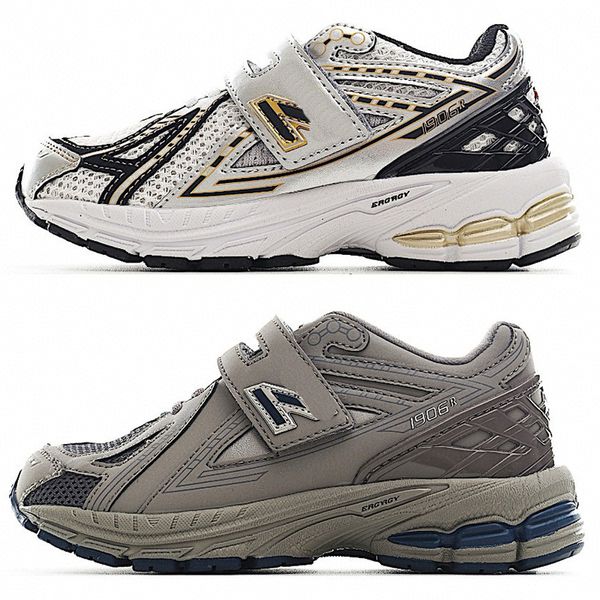 Kinder 1906r mit Riemen oben, neue Laufschuhe in Metallic-Silber mit Metallic-Gold. N-ergy-Dämpfung für Kinder für Komfort und Unterstützung beim Sport. Sneaker für Jungen und Mädchen