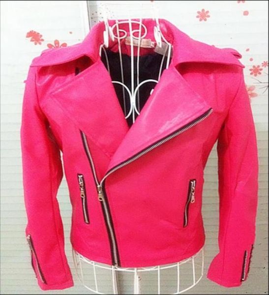 Jaqueta de couro rosa masculina, fantasia de cantor, boate, bar, dj, vermelho fluorescente, rosa, slim, manga comprida, casaco de couro locomotiva, maré5497002