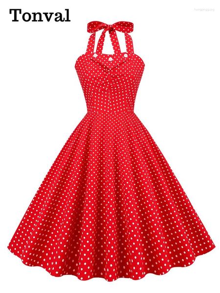 Lässige Kleider Tonval Neckholder Knopf 50er Jahre Pinup Polka Dot Schnürrücken Korsett Kleid Vintage Party Frauen Rückenfrei Baumwolle Elegant Rot