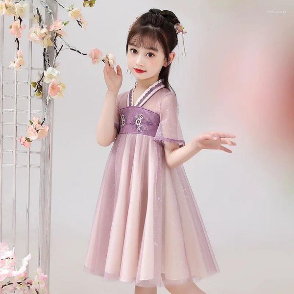 Vestidos da menina das crianças hanfu meninas vestido de verão crianças roupas 2024 tang terno estilo chinês bordado retalhos malha traje antigo