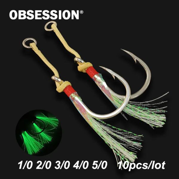 Ami da pesca OBSESSION 10 pz Metallo Assist Hook Anello solido Jig Lure Spinato Assist Ganci Pesca Peche Piuma Amo da pesca Lento Jig Accessori