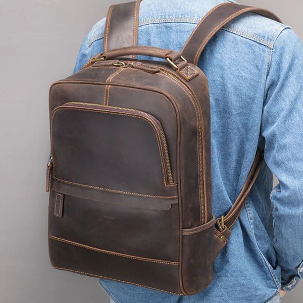 Rucksack Vintage Crazy Horse Echtes Leder Herrenrucksack Passend für 14