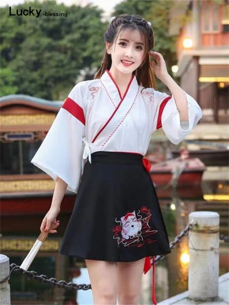 Kostüme Japanisches Kleid Kimono Frau Schwarz Weiß Katze Stickerei Röcke Vintage Asiatische Kleidung Yukat Party Anime Cosplay Harajuku Kostüm