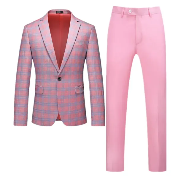 Suits 2023 Yeni Erkekler Pembe Ekose Takım 2 Parça Moda Erkek Balo Partisi Günlük Elbise Erkek İnce Fit Blazers Ceket ve Pantolon