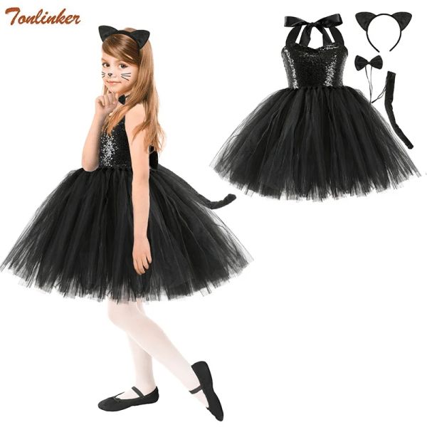 Costumi Halloween Bambino Animale Gatto Costume Cosplay Ragazze Paillettes Nylon Mesh Tutu Abito Copricapo Coda Abiti fantasia per feste di compleanno per bambini