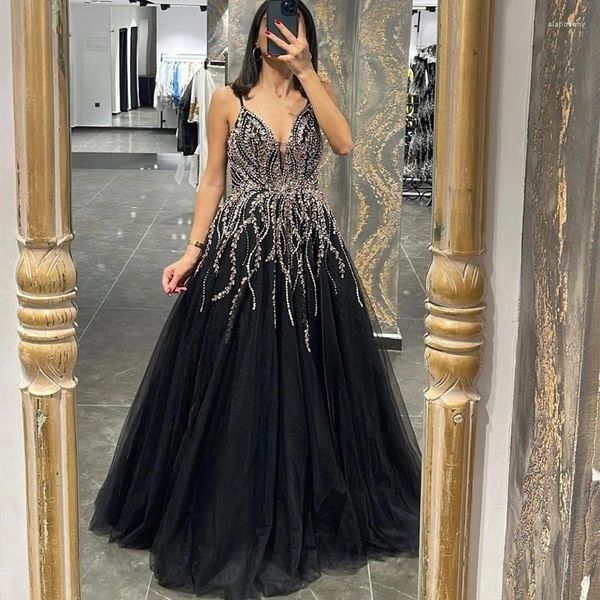 Бальные платья Роскошное Дубайское черное вечернее платье с рукавами 2024 Элегантное арабское длинное вечернее платье с бисером для женщин на свадьбу