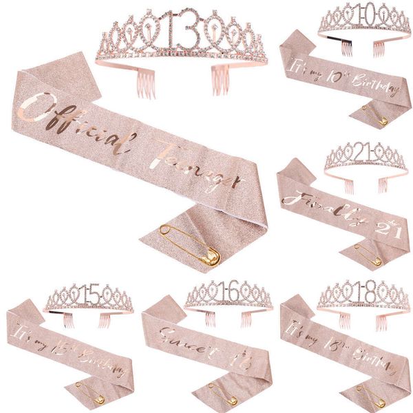 Neue neue Dekoration 18 21 30 40 50 Roségold Satin Schärpe Kristallkrone Tiara Alles Gute zum Geburtstag Jubiläum Partyzubehör