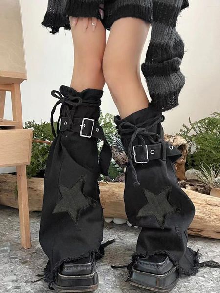 Frauen Socken 90er Jahre Stern Stickerei Y2k Denim Flare Beinwärmer Retro Lace Up Bandage japanischen Stil Mädchen Stiefel Abdeckung lange kniehoch