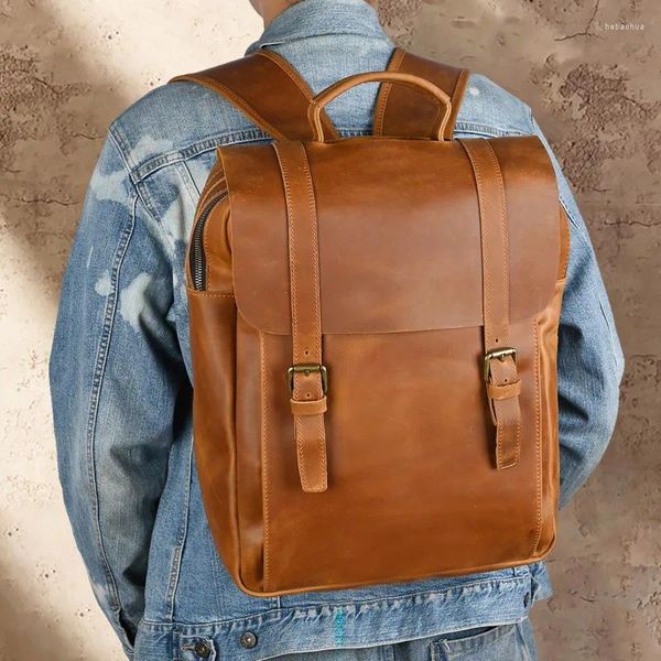 Rucksack Highend Large A4 Vintage Braun Top Grain Echtes Crazy Horse Leder 15,6'' 14'' Laptop Frauen Männer Reisetasche M0026