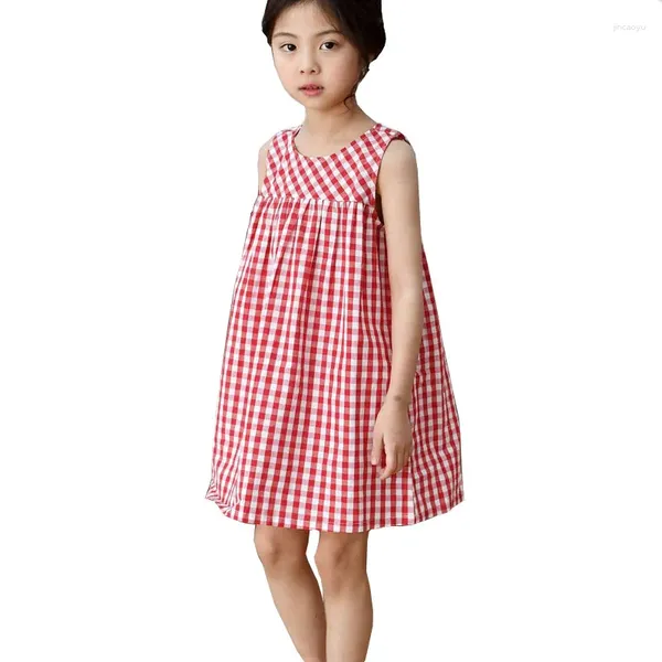 Mädchen Kleider 2024 Sommer Baumwolle Kinder Kleid 4-14 Jahre Mädchen Rot Plaid Lose Ärmellose Teenager Casual Kleidung Kleinkind böhmischen