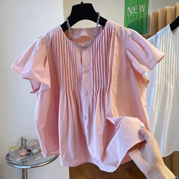 Kadın bluzları üstleri tasarım kısa kollu gevşek pembe bebek gömlek uçan kollu kadın tatlı camisas blusas mujer pilili gömlekler