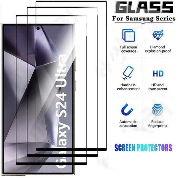 Displayschutzfolie für Samsung Galaxy S24 Plus S24 S24 Ultra S23 Plus S22 Fingerabdruck-Entsperrung aus gehärtetem Glas 0,18 mm 2,5D-Folie, schwarzer Rand, vollständige Abdeckung, Premium-Beweis, oppbag
