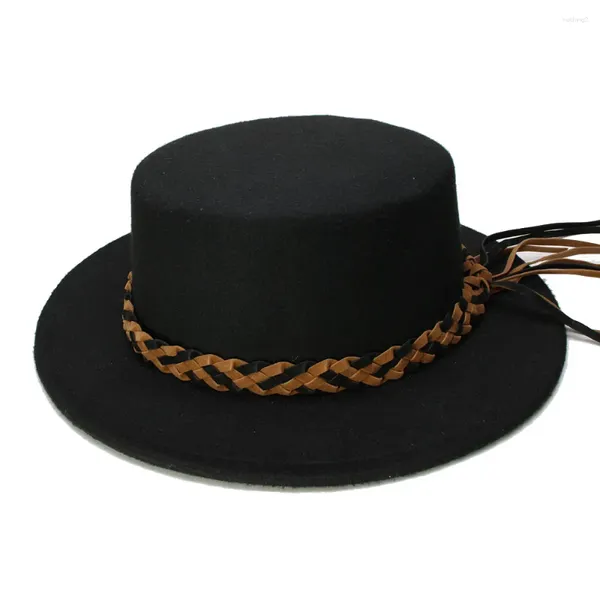 Berets Luckylianji Mulheres Homens Vintage Lã Ampla Brim Redondo Cap Pork Pie Porkpie Bowler Hat Twist Braid Leather Band (57cm / Ajustado)