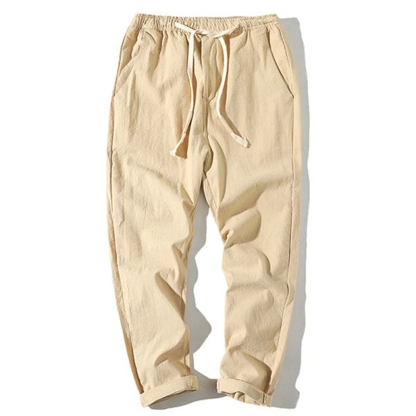 Calças masculinas de linho de algodão calças casuais joggers masculino coreano nona calças juventude linho reto harem calças masculinas streetwear