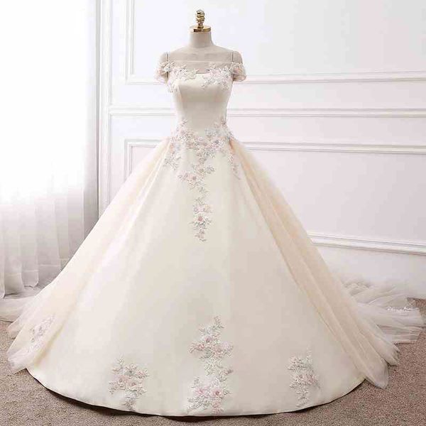 Elegante barco pescoço a linha vestido de casamento fora do ombro mangas frisado colorido 3d-flores rendas vestidos de noiva pode personalizar