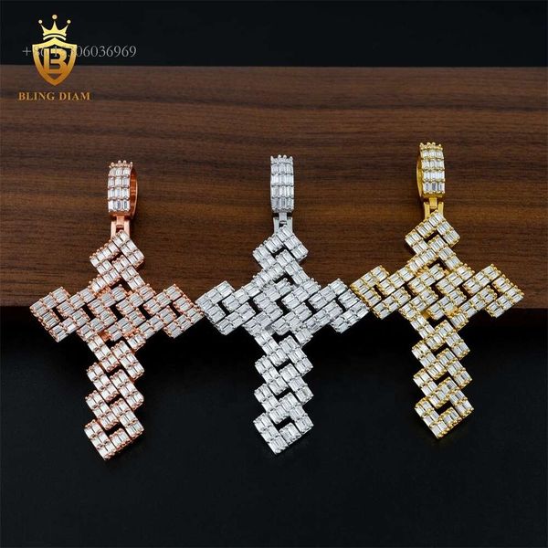 Passe diamante tester moissanite jóias 3 linhas baguette hip hop masculino sterling sier tom grande oco cruz pingente