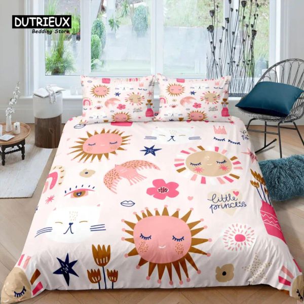 Set Home Living Living Luxury 3D Cartoon Cat Bianchetto Set di coperture piumone Cover Cestino per bambini Set di biancheria da letto Set Queen e King US/US/AU/UK Times Tende