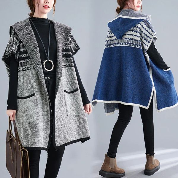 Strickjacken blau grau gestrickte Strickjacke Frauen Fledermaushülle losen Vintage Cadigan Kimono Pullover Damen Asymmetrische Strickkleidung Langer Mantel