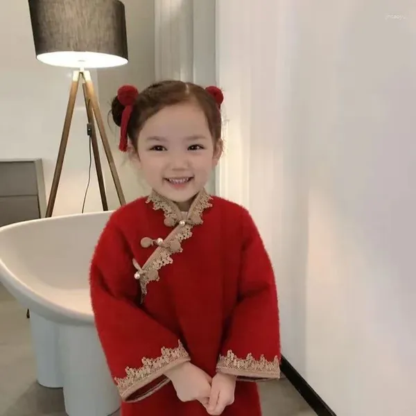Abiti da ragazza per bambini Principessa A-Line Abiti rossi Inverno Spesso per bambini Stile cinese Cheongsam Party Ricamo Gonna elegante