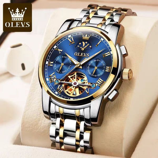 Relógio masculino Olevs relógio mecânico totalmente automático, diâmetro do mostrador 41 mm, pulseira de aço inoxidável, relógio de alta qualidade