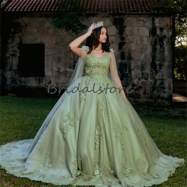 Princesa verde quinceanera vestidos 2024 sexy cintas applique rendas vestidos de baile vestidos de 15 quinceanera aniversário vestidos xv anos para 15 quinceanera vestidos de baile