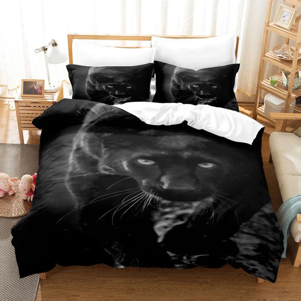 Set di copertura del piumino Black Panther Set King size Black Leopard Bianche