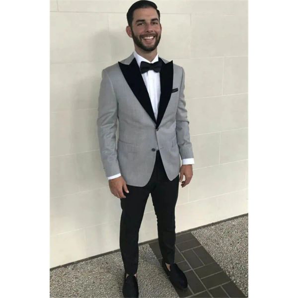 Ternos cinza para homens casamento conjunto completo único breasted preto pico lapela magro blazer formal 2 peça calças jaqueta sob medida