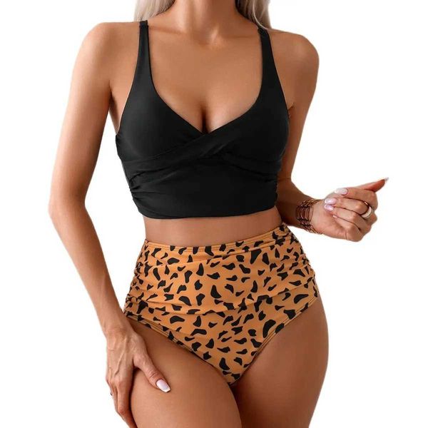 Costumi da bagno a vita alta bikini da donna 2024 nuovo bikini sexy set vendita calda top nero e stampa costume da bagno corto da donna costumi da bagno da spiaggia 240229