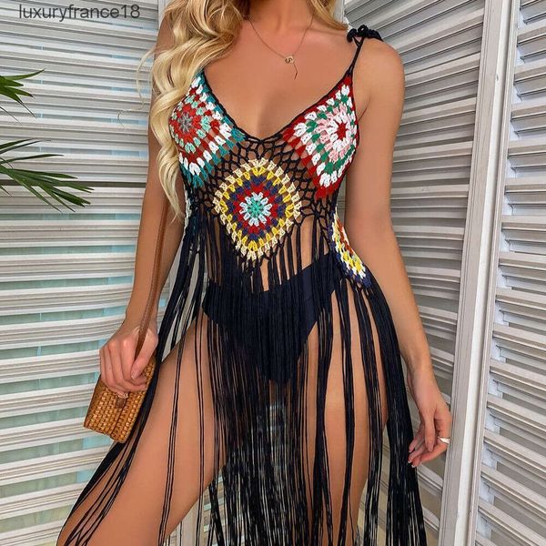 Mulheres Swimwear CROCHET BIKINI Boho Cover Up Sexy Hollow Fringe Hem Beach Dress 2023 Verão Mulheres Banheiras Beachwear Túnicas Saia 230508''gg''2Y4G