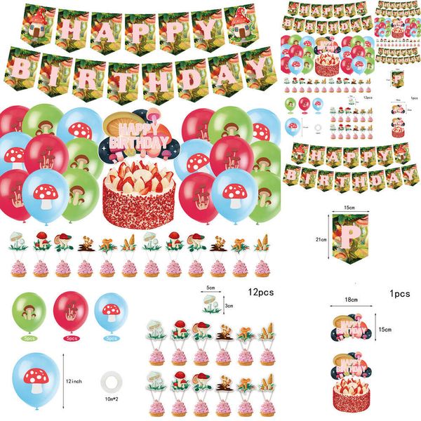 Nuove nuove decorazioni della giungla Buon compleanno Banner Cake Topper Palloncini Funghi Forniture per feste a tema per bambini