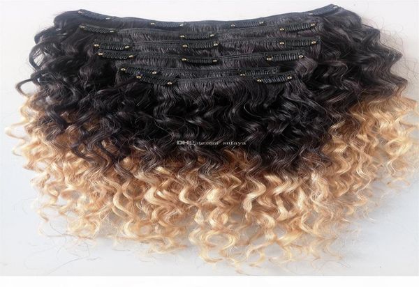 Großhandel Brasilianische menschliches Haar Vrgin Remy Haarextensionen Clip in lockiger Frisur natürlicher schwarz 1B Blonde Ombre Color1090876