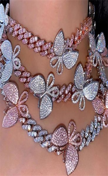 Butterfly Cuban Link Chains Halsketten 12mm Bling -Strass -Vereisung Out Pendant Tennis Luxus Silber Gold Pink Women Mode Hip Hop 4292144