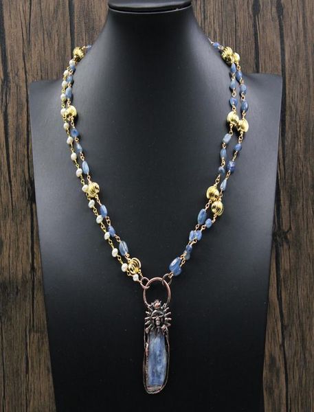 Guaiguai Jewelry 2 Stränge kultivierte weiße Perle Blue Kyanit -Kette Statement Halskette Rohes Kyenit Anhänger 22Quot für Lady 1994987