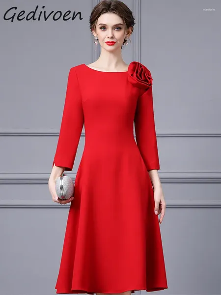 Vestidos casuais gedivoen designer de moda de outono Red Vintage Party Dress feminino o pescoço de manga longa Apliques de cintura alta midi A-line