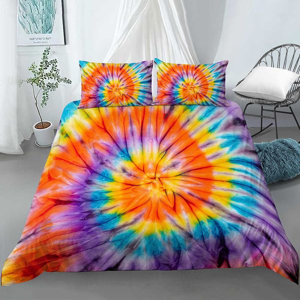 Conjuntos de cama Tie Dye Cama Tie Dyed Duvet Cover Set Laranja Azul Redemoinho Padrão Impresso Hippie Conjuntos de Cama