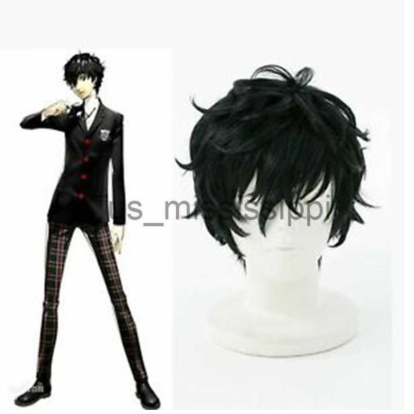 Parrucche Cosplay P5 Persona 5 Kurusu Akira Joker Parrucca Cosplay Antirughe Capelli ricci Cosplay Hairwig cap Halloween Party Ruolo Costumi Cosplay x0901