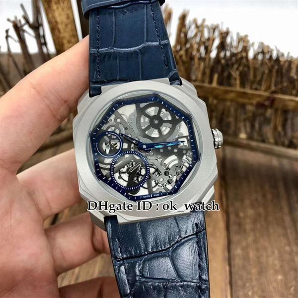 Nuovo 41mm Octo Finissimo cassa in titanio 102941 102714 orologio automatico da uomo quadrante scheletrato cinturino in pelle blu 102941 Gents Sportw272a