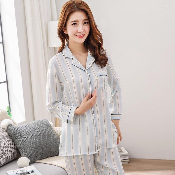Pijamas femininos outono cetim chiffon listrado calças de manga comprida pijamas cardigan casa wear conjunto simples e casual estilo feminino