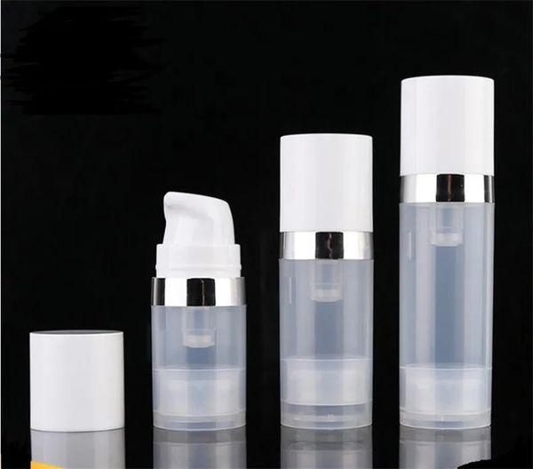 Botellas vacías sin aire de 5ml, 10ml, 15ml, botella de loción con bomba de vacío transparente y blanca con cubierta de anillo plateado, embalaje de muestra cosmética