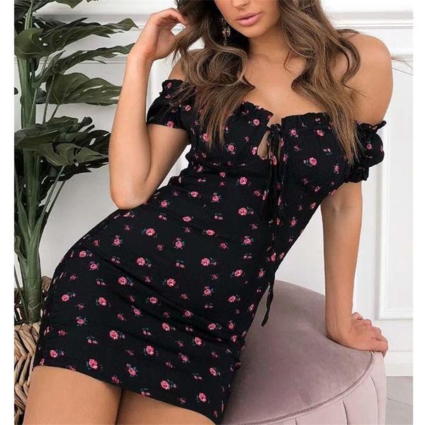 Casual Kleider Sommer Frauen Floral Wrap Kleid Schulterfrei Binden Vorne Rüschen Mini Büro Dame Slash Neck Gedruckt Bleistift rot