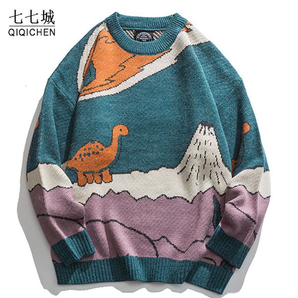 Suéter dos homens Harajuku Cartoon Pequeno Dinossauro Camisola de malha Homens Camisola de inverno Mulheres Vintage Pulôver Casual Japonês Streetwear Unisex 230831