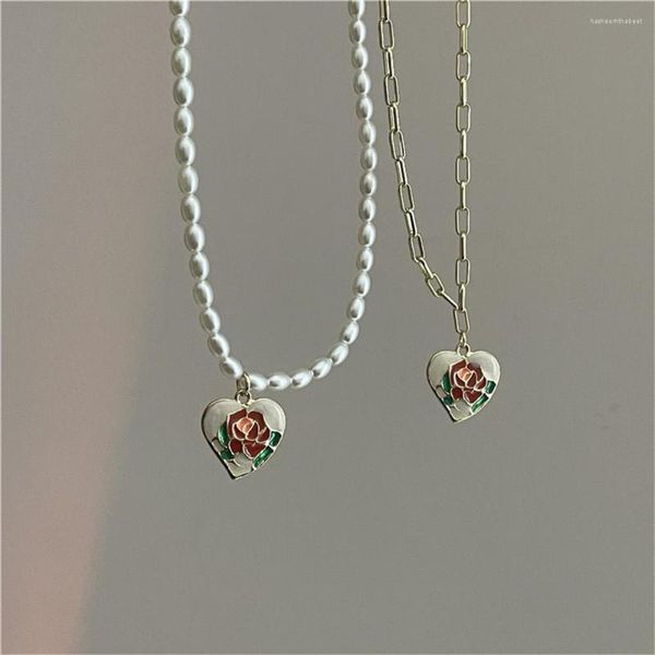 Подвесные ожерелья Винтажное ожерелье из жемчужного цепи розового сердца
