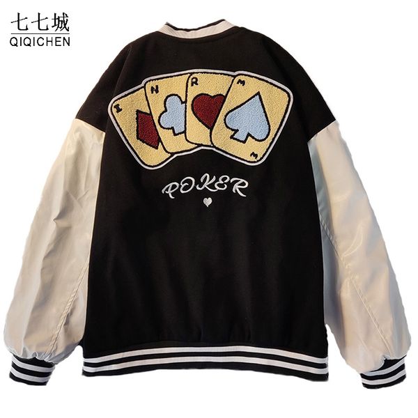 Jackets femininos Hiphop Baseball Jackets Men Women Street Furry Playing Cards Borderyy Varsity Jackets College Patchworks Loose Casal Casat 230831