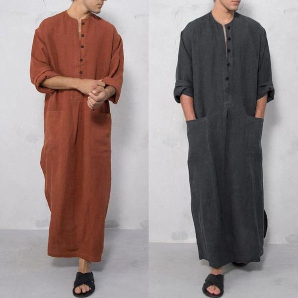 Roupas étnicas Homens Muçulmanos Jubba Thobes Árabe Paquistão Dubai Kaftan Abaya Robes Islâmico Arábia Saudita Preto Blusa Longa Vestir